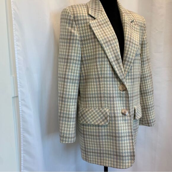 Town & Country plaid check wool blazer Sz 8 cream tan brown blue - Picture 6 of 15